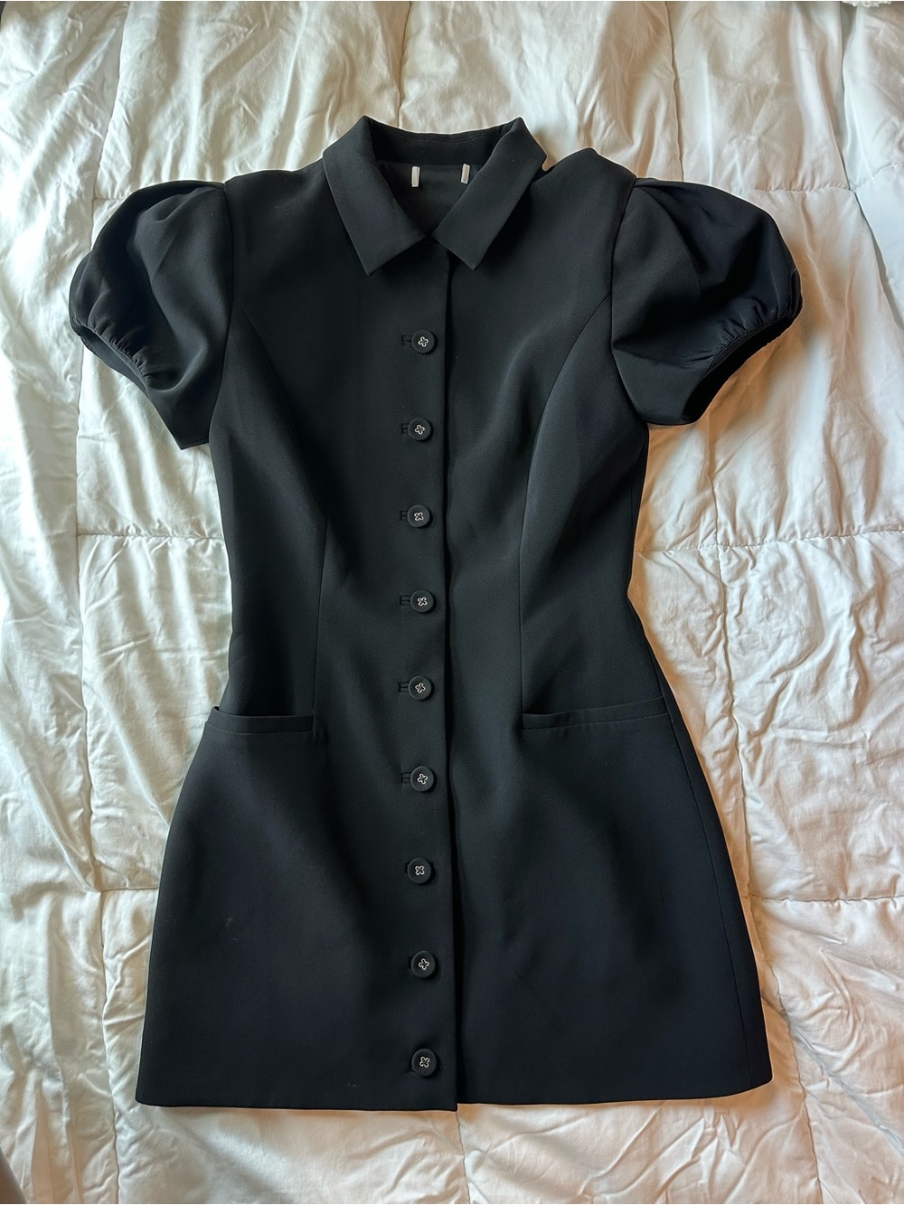 Black Puff Sleeve Button-Front Dress
